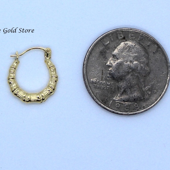 Solid Yellow Gold 10k Bamboo Hoops - Picture 3 of 7